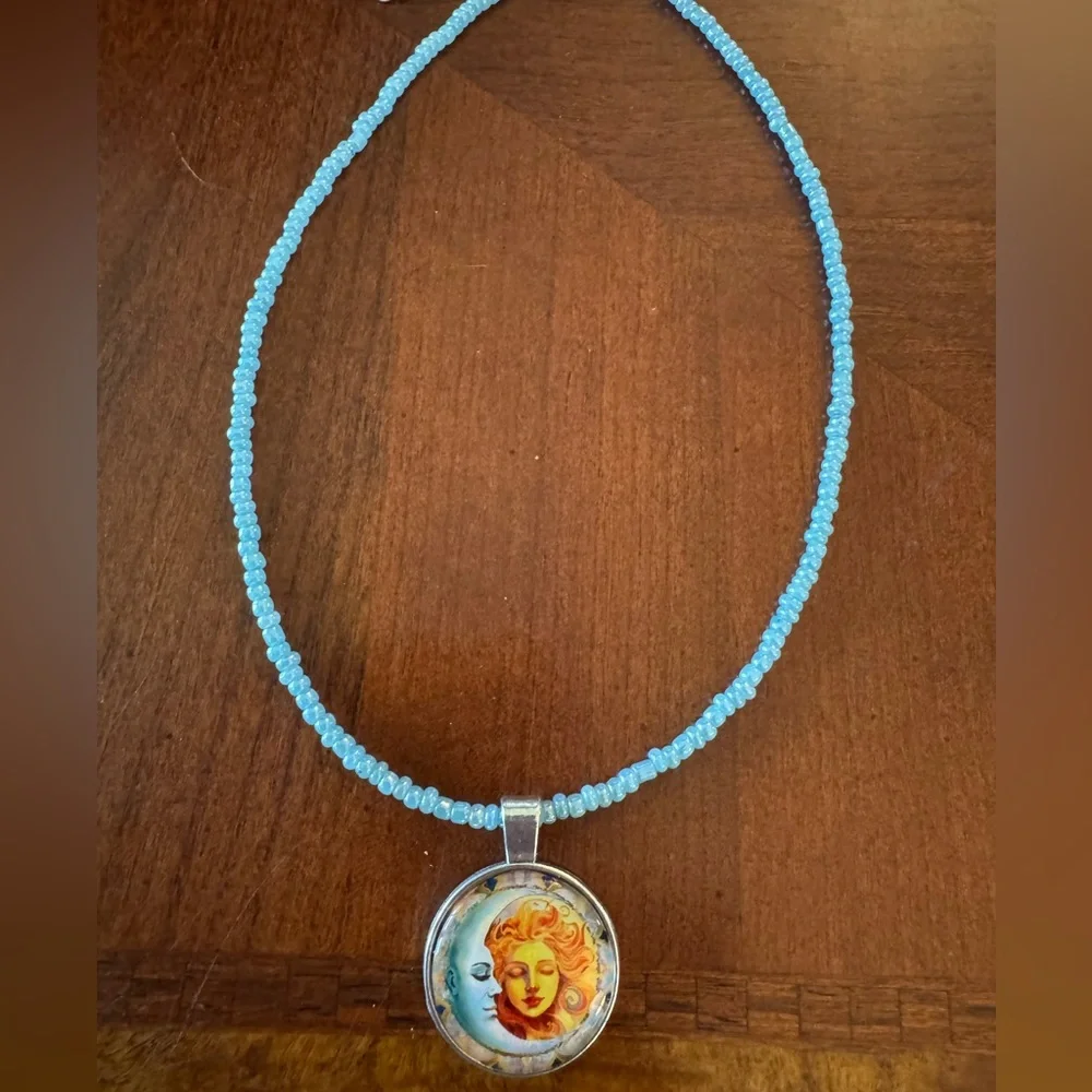 Moon Goddess & Blue Moon Cabochon Silver tone Pendant on Blue Beaded Necklace - Picture 7 of 7